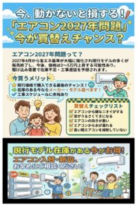 早ければ今秋頃から、省エネ基準強化・価格上昇した「2027年製」が発売開始予定です。 エアコンの価格を抑えたい方は、「2026年製」が購入できる「今」がオススメです！